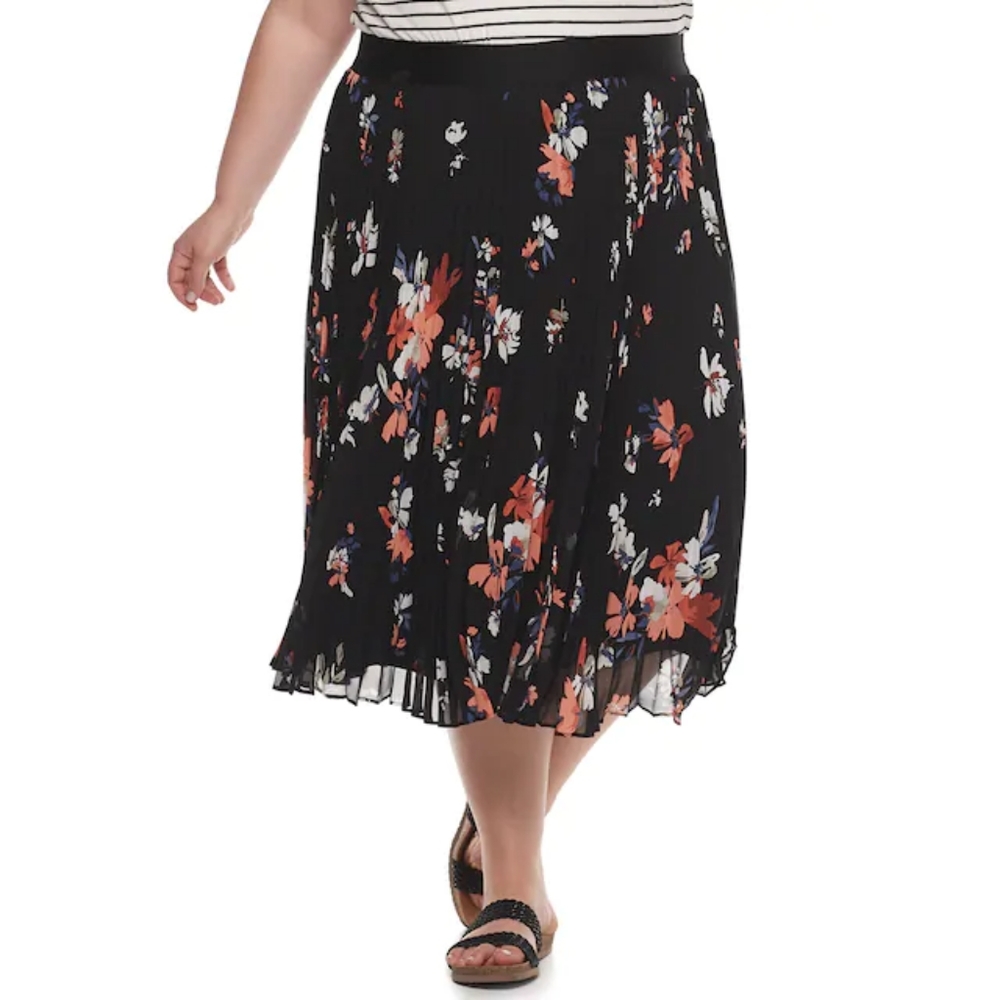 NWT Black Floral Print Pleated Skirt 22W FirmPrice